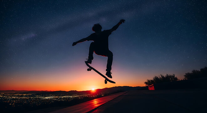 Silhouette of a skateboarder performing a trick against a vibrant sunset and starry night sky view