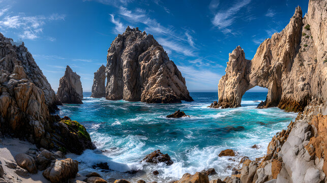 Picturesque Coastal Scenery Cabo San Lucas Mexico Beautiful Rock Formations Turquoise Waters and Blue Sky with Wispy Clouds - Powered by Adobe