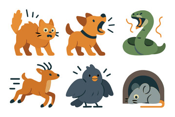 Obraz premium Animals flat icon set. featuring cat, dog, snake, deer, bird, and mouse symbols.