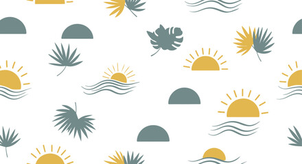 Obraz premium Seamless tropical pattern with sun waves and leaves creating a calming summer aesthetic perfect