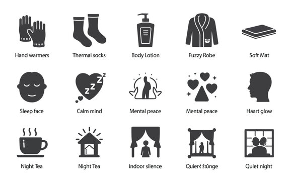 Comfort and well-being icons representing home cozy activities and self-care routines silhouette vector illustration white background