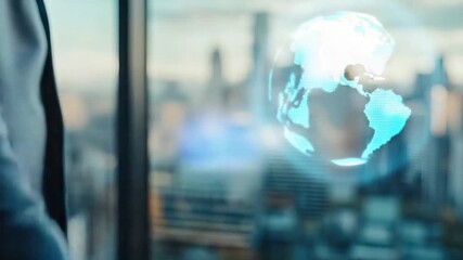 A professional hand holding a glowing digital globe, representing global reach, corporate technology, and worldwide connection. Perfect for illustrating international business strategies and futuristi - Powered by Adobe