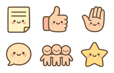 Fototapeta premium Communication and interaction flat icon set. featuring document, thumb up, hand, speech bubble, group, star.