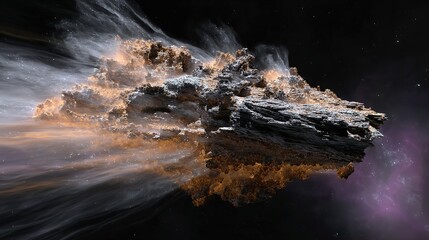 A massive floating landmass crumbling in space, ancient layers disintegrating into stardust.