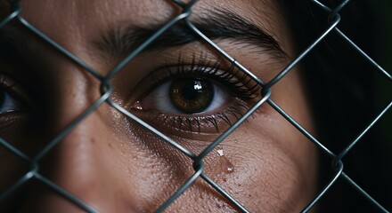 Close up of a person s eye looking through a chain link fence with tears