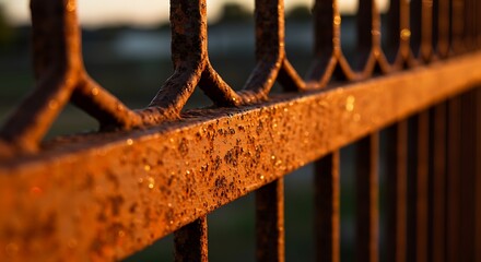 Close up of a rusty metal fence with warm sunlight at sunset