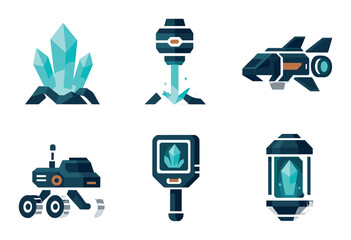 Space silhouette icons set. featuring crystal, drill, spaceship, rover, scanner, capsule designs.