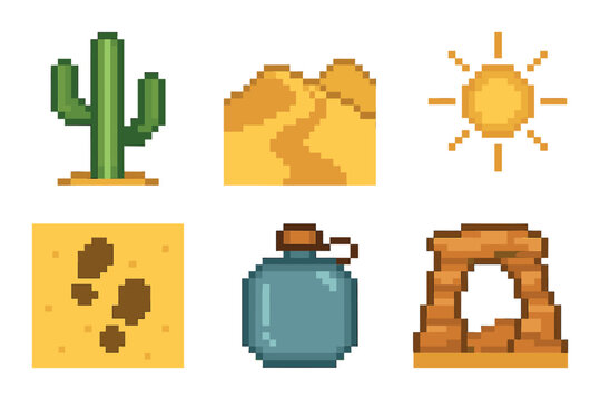 Desert adventure pixel icon set. featuring cactus, dunes, sun, footprints, canteen, and rock arch icons.