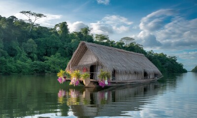Obraz premium Rustic houseboat on tranquil lake, lush forest backdrop