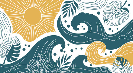 Abstract ocean waves illustration with tropical leaves and sun doodle design elements