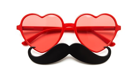 Fun red heart shaped sunglasses with a black mustache on a white background