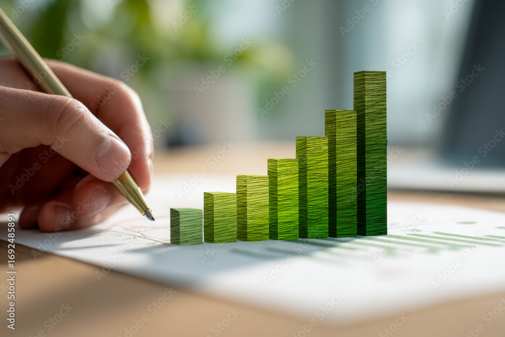 Poster close-up of person analyzing financial documents with rising green bar chart overlay representing bu