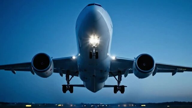 Airplane taking off against night sky with illuminated cabin lights  