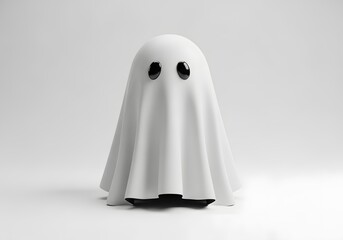 3D minimalist ghost with black eyes and white sheet, spooky Halloween decoration isolated on white background