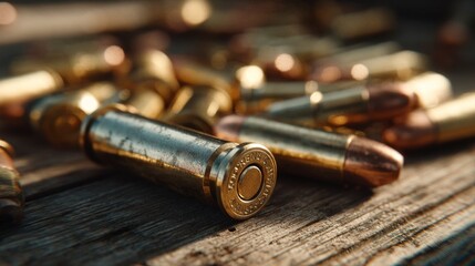 Obraz premium Close-Up of Scattered Brass Bullet Casings on Rustic Wooden Surface