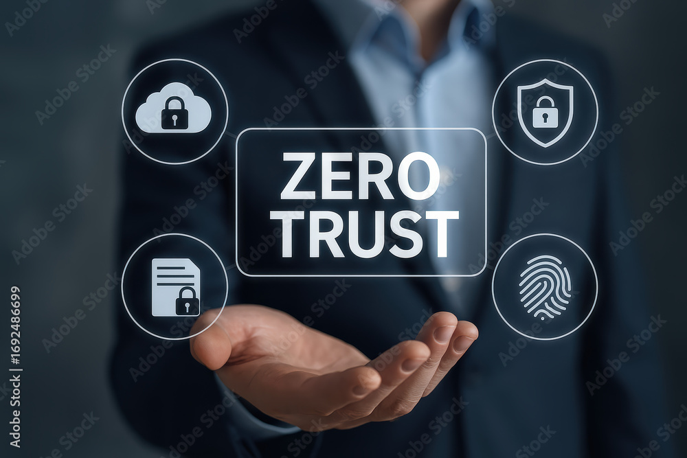 Poster zero trust and security protection with authorization maintain digital safety and safeguard data acc