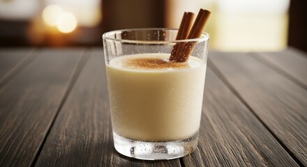 A glass of creamy eggnog with cinnamon sticks on a wooden surface
