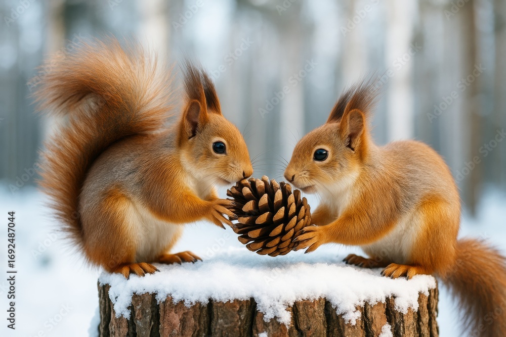 Poster two red squirrels holding a pine cone together on a snowy tree stump in a winter forest with soft li