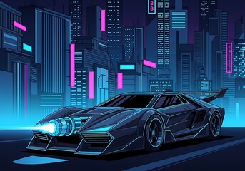 Futuristic Sports Car with Neon Lights in a Cyberpunk Cityscape at Night