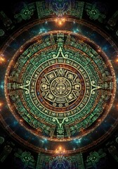 Ancient cosmic calendar fractal visualization with intricate Mayan inspired patterns and galactic illumination