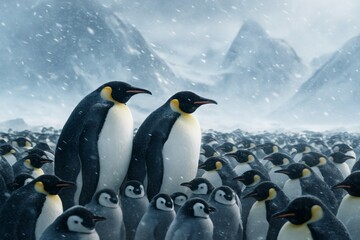 Fototapeta premium Emperor penguin colony with chicks in harsh snowy Antarctic landscape, surrounded by icy mountains and blizzard conditions. Ai generative. Ai generative