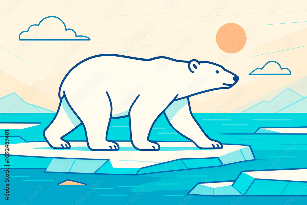 Aufkleber polar bear walking on floating ice in stylized arctic scene during daylight with sun and minimal clo