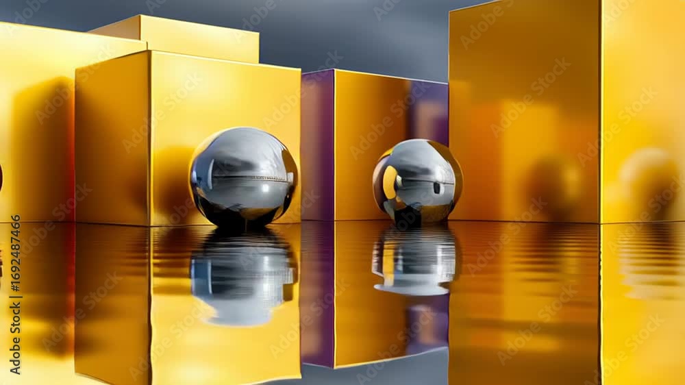 Poster metallic spheres hovering beside vibrant cubes, generating mirrored reflections across rippling wate