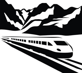 Silhouette illustration of modern Bullet Trains, showing of a bullet train over mountain landscape