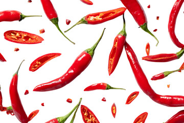Scattered red chili peppers and slices isolated on transparent background.