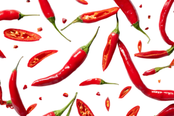 Scattered red chili peppers and slices isolated on transparent background.