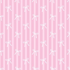 Ribbon bow doodle pattern background. Hand-drawn seamless bow design with pink striped backdrop. Cute ribbon seamless pattern. Seamless pattern with girly ribbon bows.
