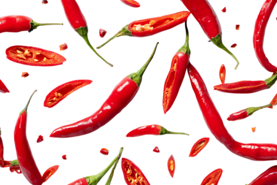 Scattered red chili peppers and slices isolated on transparent background.