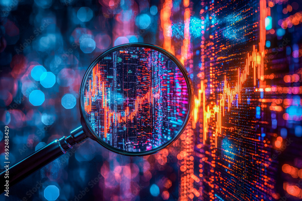 Aufkleber digital data analysis and technology visualization with magnifying glass effect