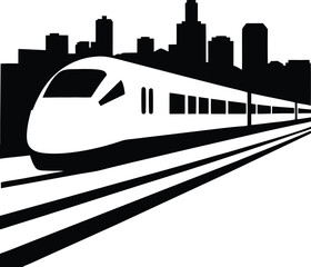 Silhouette illustration of modern Bullet Trains, showing of a high-speed train with city skyline