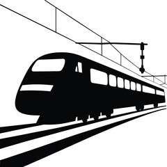 Silhouette illustration of modern Bullet Trains, showing of a bullet train under overhead wires