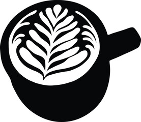 Coffee Mug silhouette, latte art top view, high-contrast black  vector for cafe branding, menu design and packaging, scalable artwork for print and marketing