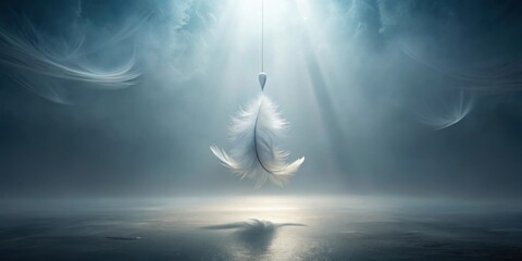 Ethereal Feather Suspended in a Mystical, Dreamlike Atmosphere, Illuminated by a Celestial Light Source