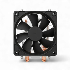 Black computer CPU cooler with fan and copper heat pipes.