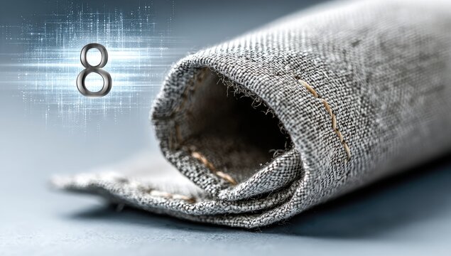 Rolled gray fabric with digital number 8 overlay