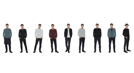Diverse Group of Men Standing in Various Casual Outfits