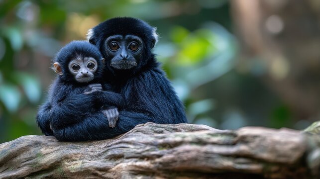 Adorable mother and baby monkey portrait showcasing affectionate bond in lush green forest habitat with serene wildlife and nurturing interaction