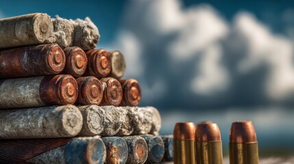 Stacked Clay Targets and Shotgun Shells Against a Dramatic Sky