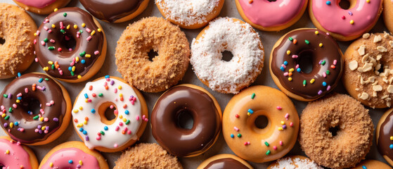 Obraz premium Delicious assorted donuts with colorful icing, sprinkles, and toppings create vibrant and tempting display