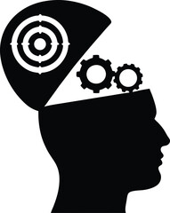 Brain silhouette with gears and target symbolizing problem solving, creative strategy, innovation, intelligence, technical thinking, achievement, knowledge