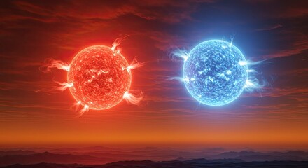 Celestial Dance: Binary Stars in Fiery Embrace, Dramatic Space Landscape