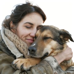 Heartwarming portrait of a woman embracing her beloved dog in a serene outdoor setting, showcasing the bond of love and friendship in nature