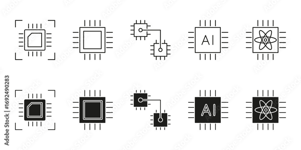 Aufkleber artificial intelligence processors and neural computing line and solid icon set. microchips, circuit