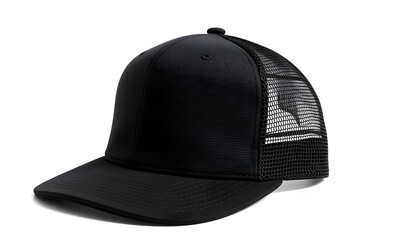 Trucker cap, snapback, all black, black mesh. Isolated on white. Mock-up for branding, simple style. White tone