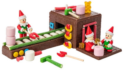 a miniature christmas candy factory scene with small elf figurines