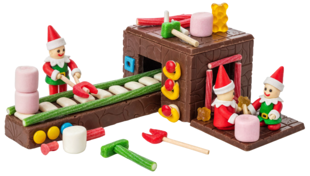 a miniature christmas candy factory scene with small elf figurines